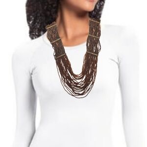 26-Strand Brown Glass Seed Bead African Necklace w/ Brass & Copper Accents. NWOT